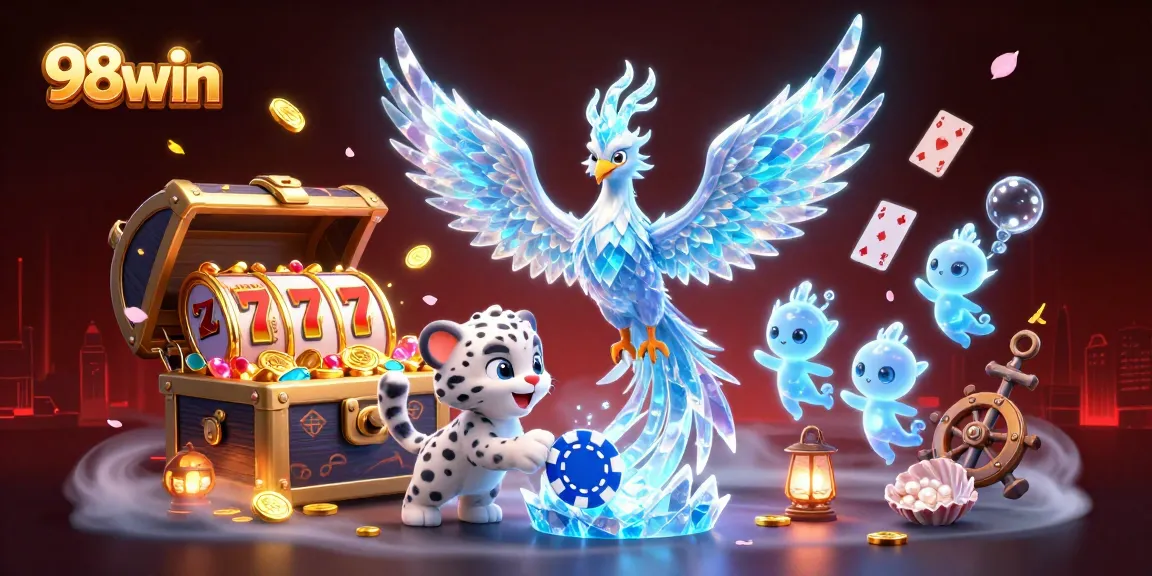 Spin thrilling slots at 98win with the ice phoenix and playful snow leopard cub in a dazzling 3D casino scene.