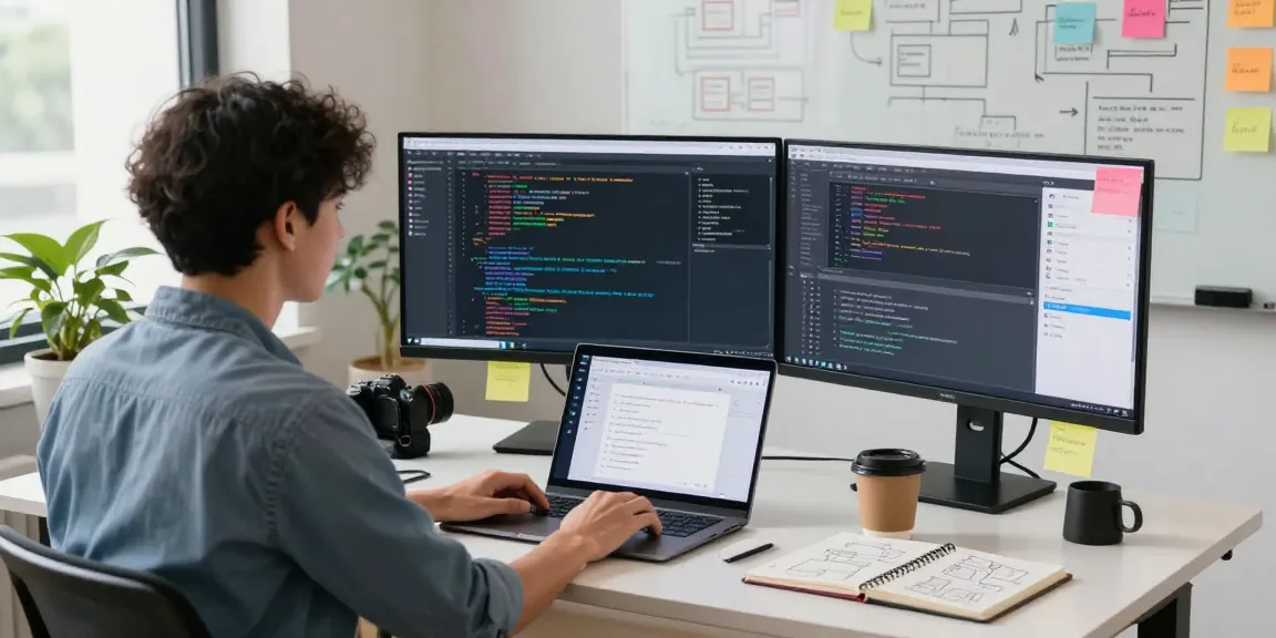 Build internal tools with AI in a modern workspace featuring a developer coding with multiple screens and creative elements.