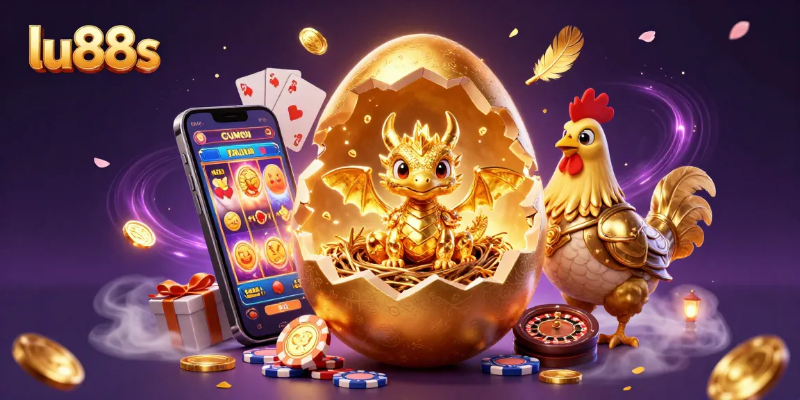 Experience the magic of lu88s with a 3D dragon emerging from a golden egg among poker chips and dynamic gaming elements.