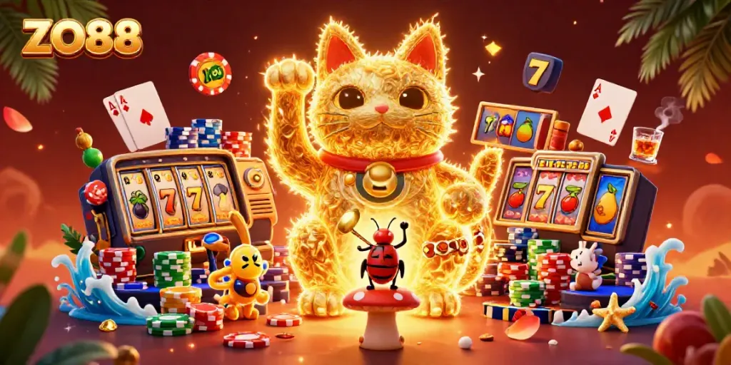 Experience vibrant casino excitement with ZO88 as a lucky cat and dazzling game elements