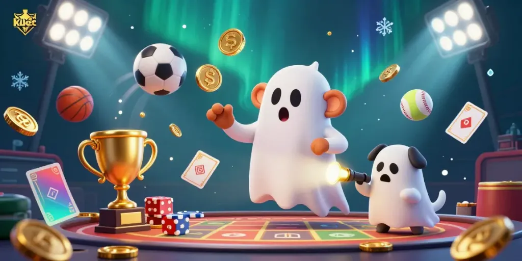 Engage with exhilarating gameplay at Kubet, with a mischievous ghost monkey and a curious puppy amidst dynamic sports elements.