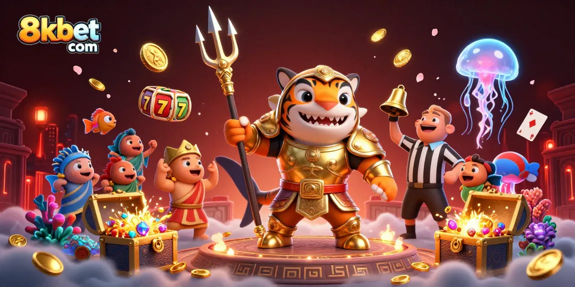Engage with the thrilling underwater adventure at 8xbet com featuring a tiger shark in gladiator armor amidst vibrant slot elements.