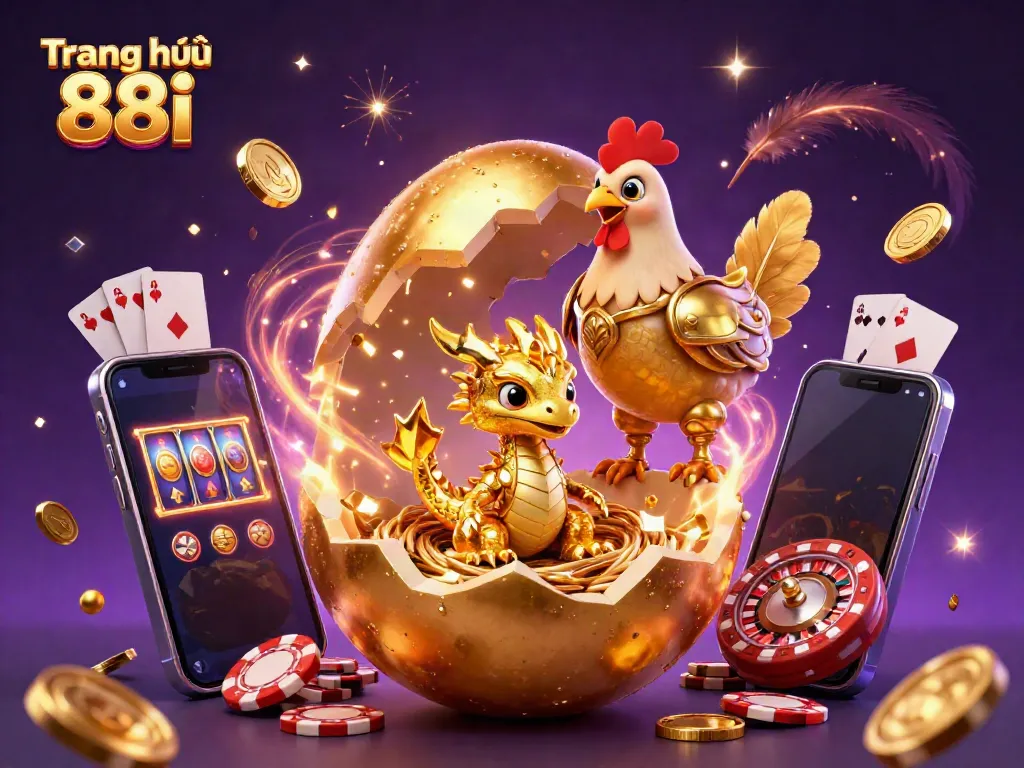 Engage with the thrilling world of Trang chủ 88i and experience a golden egg revealing a dragon amidst vibrant casino elements.