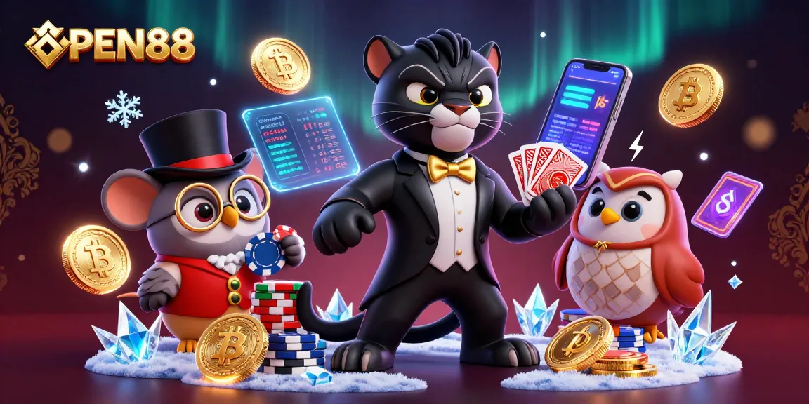 Experience thrilling gaming at OPEN88, where a panther deals cards with crypto coins in a vibrant casino.