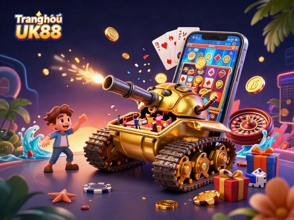Experience thrilling gameplay with Trang chủ UK88 showcasing a vibrant casino scene featuring a golden beetle tank.