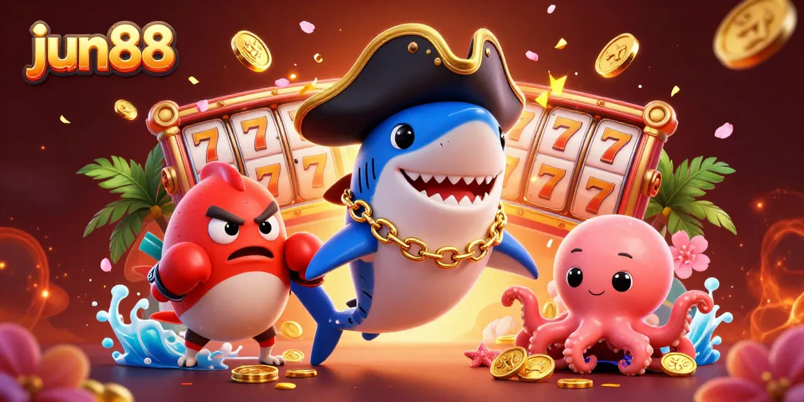 Join the fun at jun88, where a pirate shark spins the slots for big wins in this vibrant casino scene.
