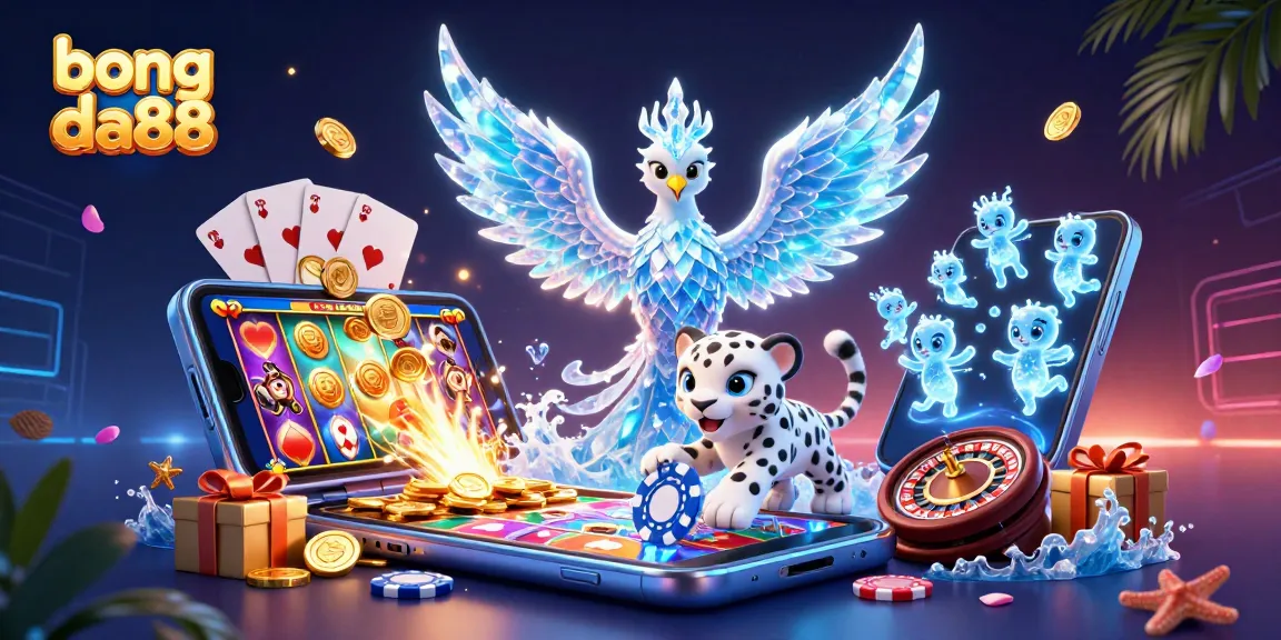Experience the bong da88 excitement with a vibrant ice phoenix and poker chips in this dynamic gambling scene.