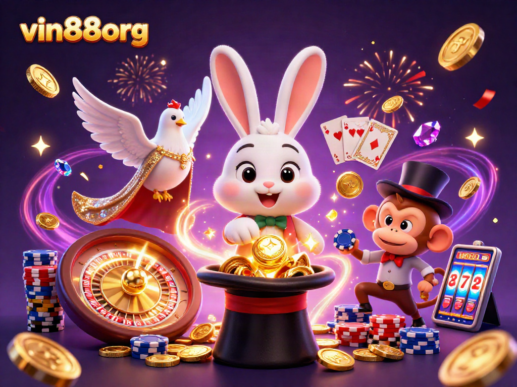 Experience the thrill of gaming at vin88org with a magical casino illustration featuring vibrant characters and elements.