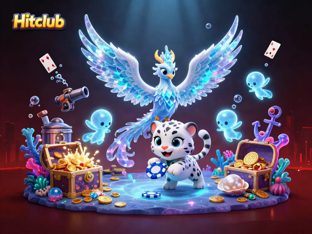 Hitclub casino scene with a vibrant ice phoenix and playful snow leopard cub among gold coins and magic.