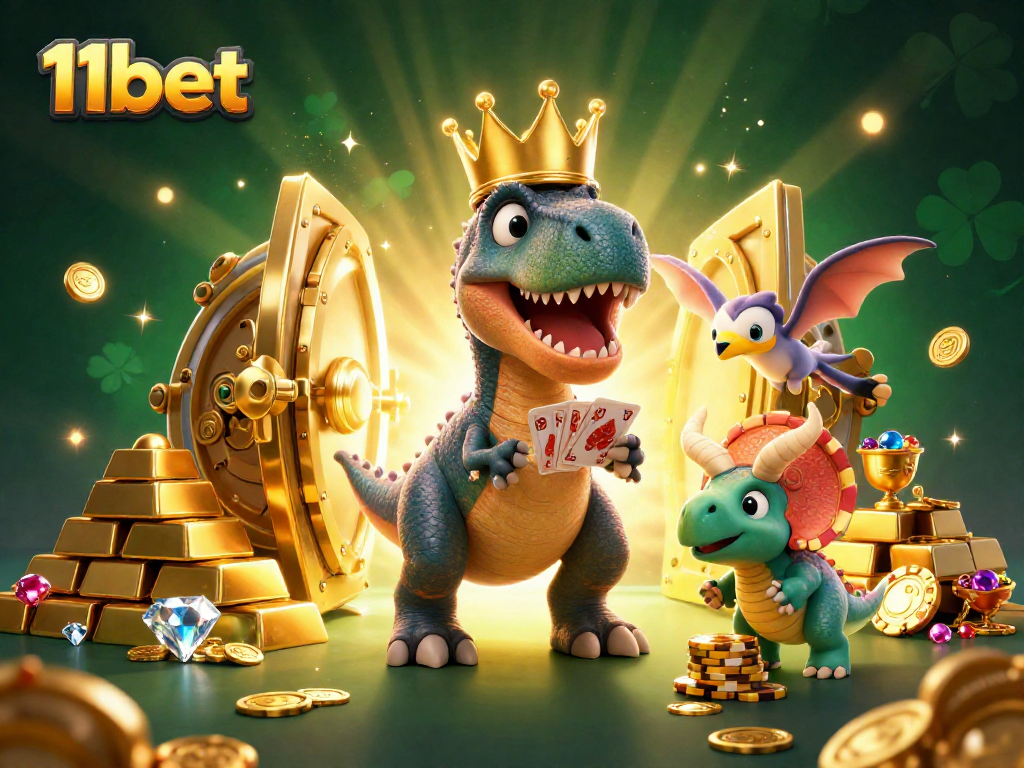 11bet casino fun scene with T-Rex shuffling cards and friends amid treasures.