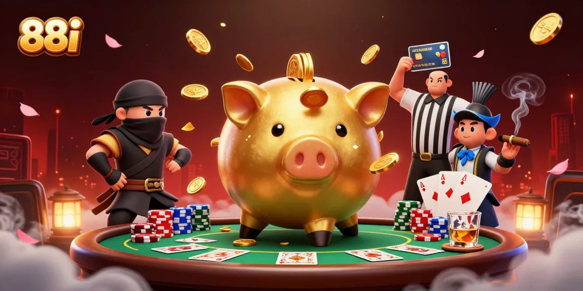 Experience the thrill of 88i with a vibrant poker showdown featuring a golden piggy bank sumo wrestler.