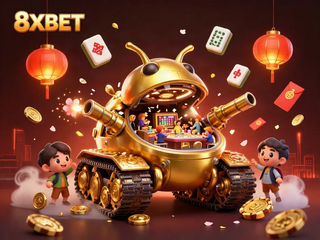 Experience the vibrant excitement of 8XBET with dynamic casino illustrations showcasing a miniature gaming world.