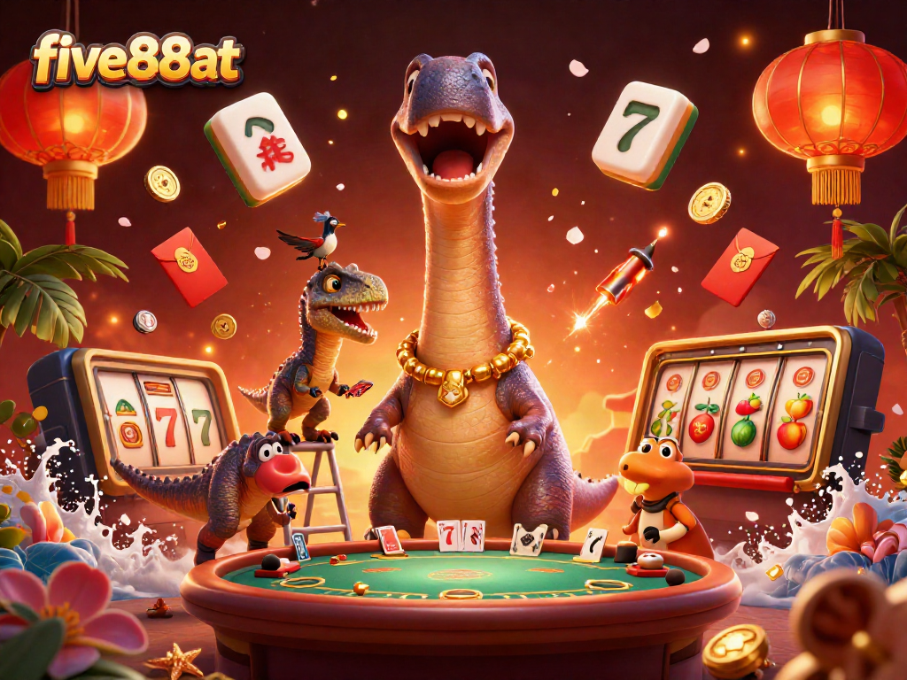Engage in thrilling gameplay with five88at at a vibrant casino scene featuring a towering dinosaur and a clever raptor.