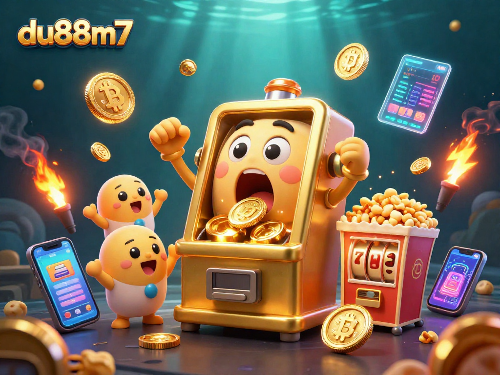 Experience du88m7's golden slot machine hitting jackpots amidst vibrant crypto elements and cheering companions.