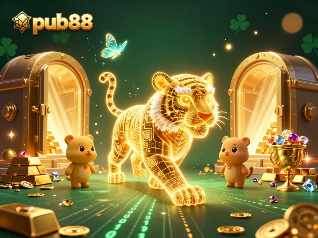 Experience excitement at pub88 with a 3D casino scene featuring a glowing golden tiger and gems.