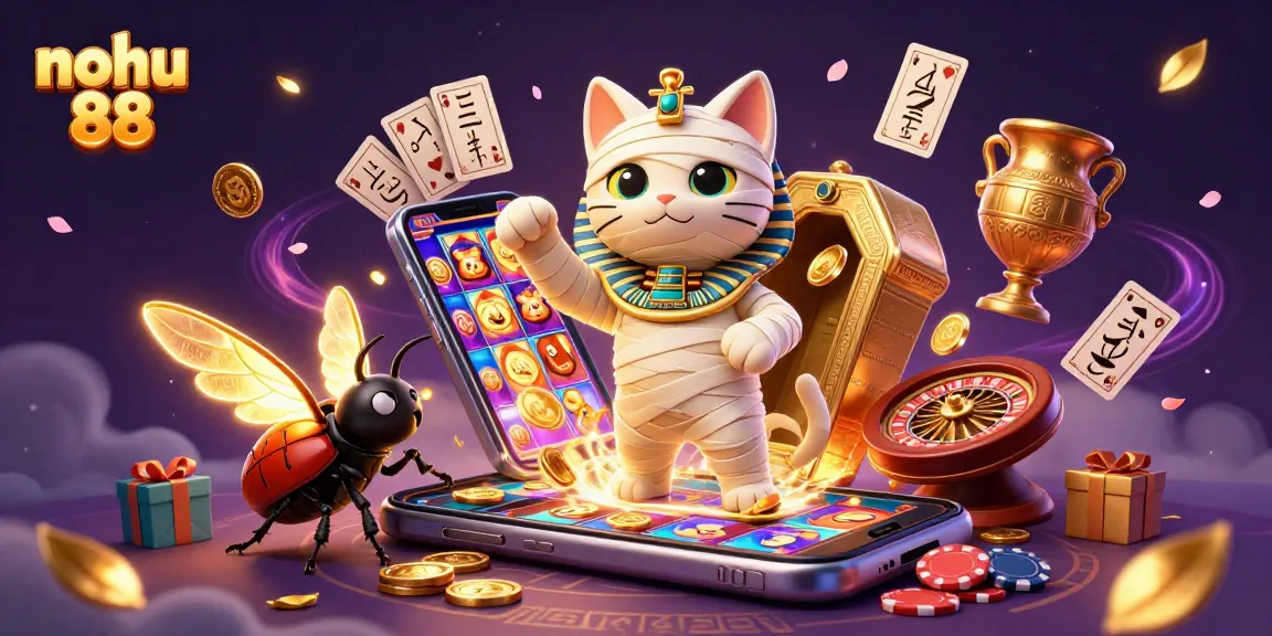Engage with nohu 88 as an Egyptian mummy cat and scarab beetle explore a vibrant casino