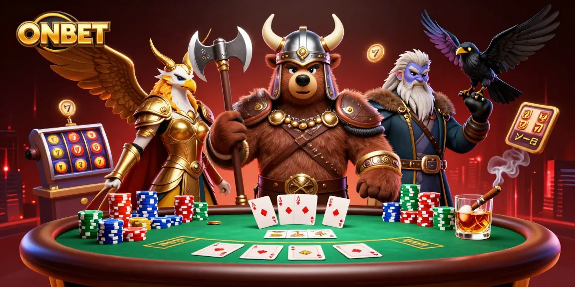 Engage in high-stakes poker action at ONBET with a Viking berserker and Valkyrie eagle amidst vibrant casino elements.