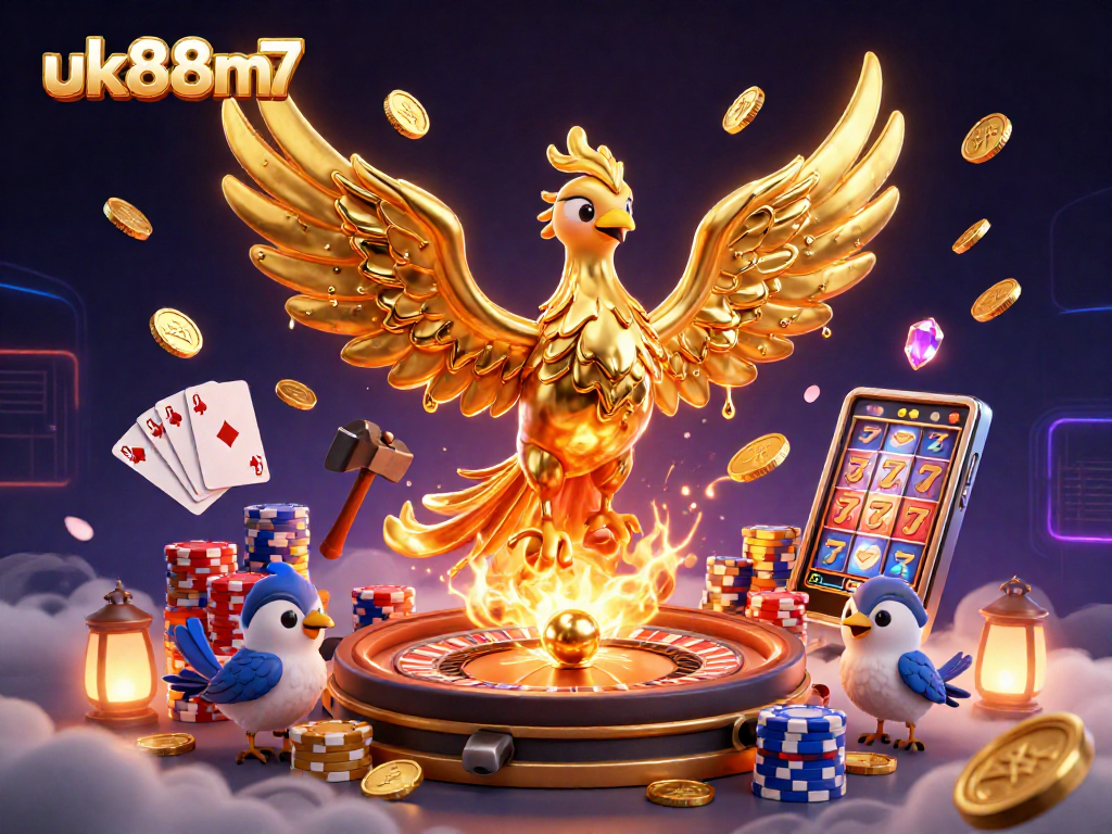 Engage with the dynamic gambling world of uk88m7 through a stunning illustration featuring a golden phoenix and vibrant casino elements.