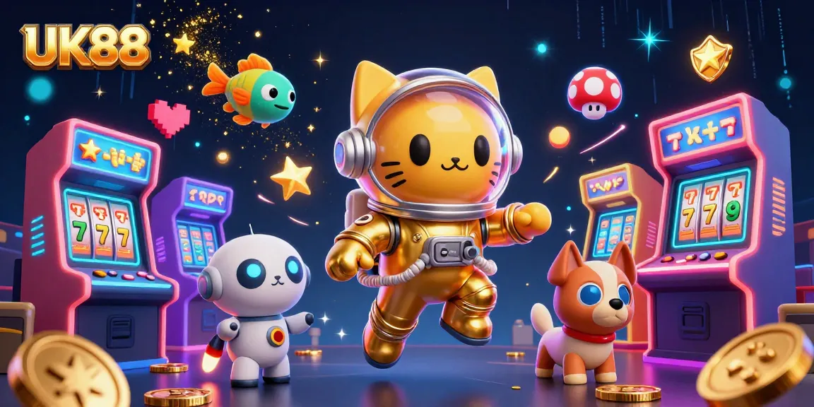 Experience UK88's thrilling gaming adventure with a cosmic astronaut cat and vibrant gambling elements.