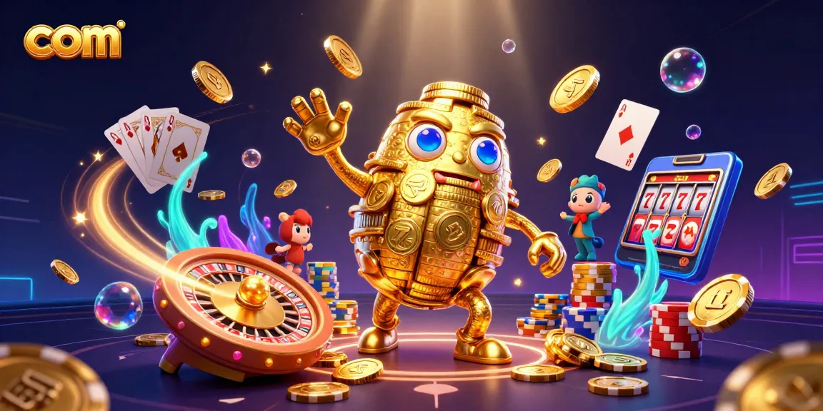 Experience thrilling games at com, featuring a golden golem amid coins and vibrant casino elements.