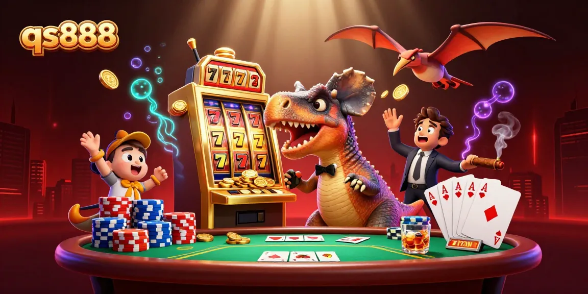 Watch a qs888 pachycephalosaurus headbutt a slot machine in a vibrant 3D casino scene!