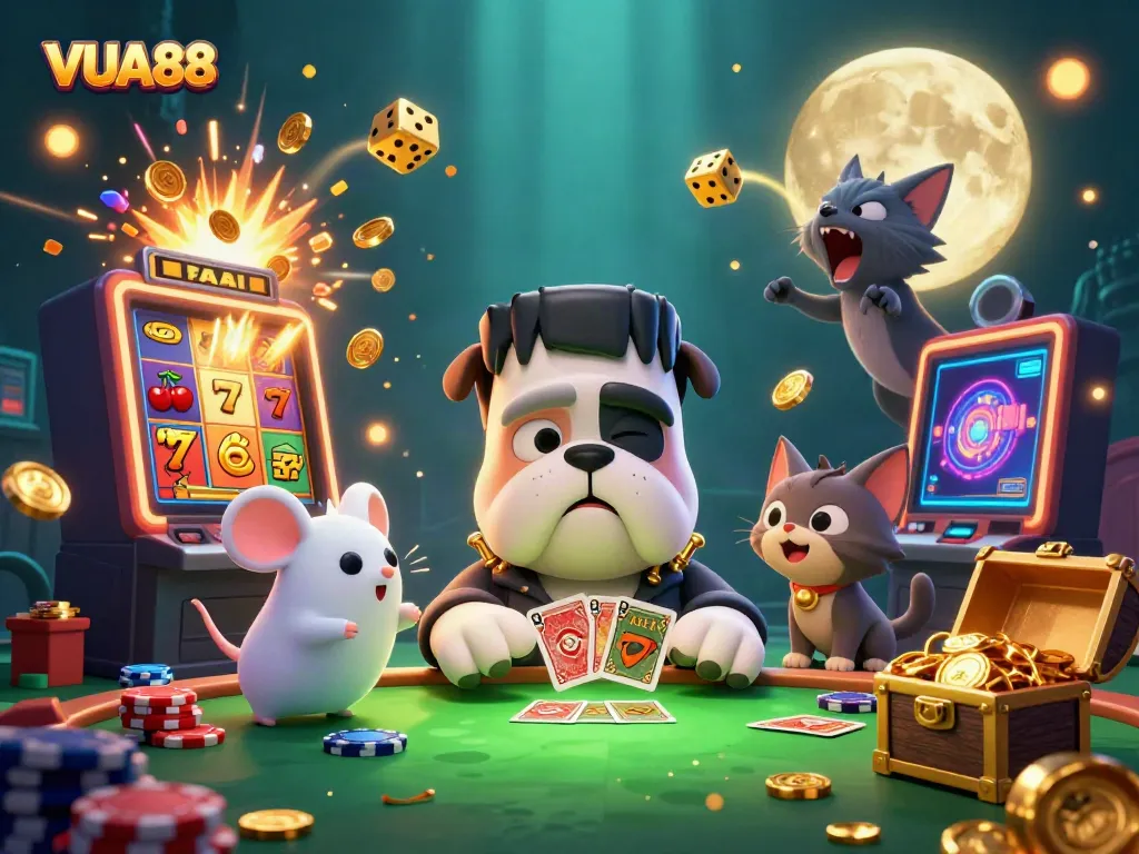 Engage with thrilling VUA88 casino games in a vibrant, animated 3D illustration.