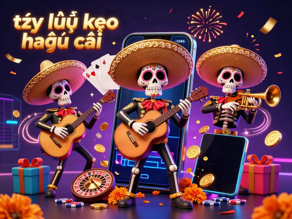 Engage with gameplay as the vibrant 'tỷ lệ kèo nhà cái' Dia de los Muertos mariachi band performs around a colorful slot game, radiating excitement.