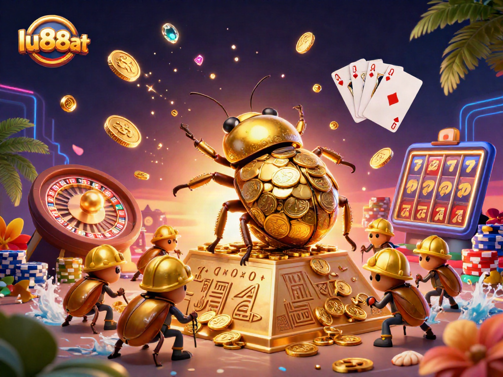 Engage with lu88at's vibrant casino scene featuring golden beetles, coins, and thrilling game elements.