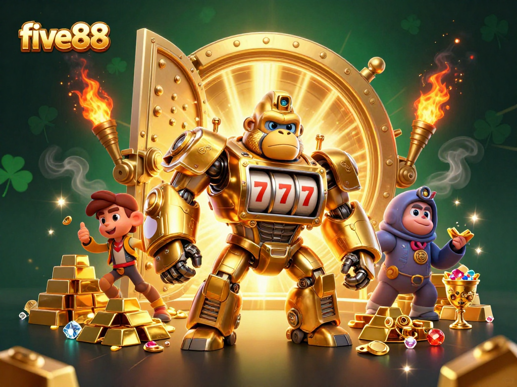Experience thrilling gameplay with five88's golden gorilla mech amidst treasure and vibrant casino elements.
