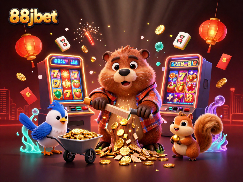Experience thrilling wins at 88jbet casino with colorful slot symbols and festive elements in a vibrant scene.