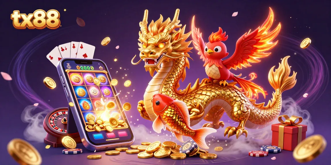 Engage with tx88's thrilling gaming scene featuring a dragon, phoenix, and koi amidst vibrant casino elements.