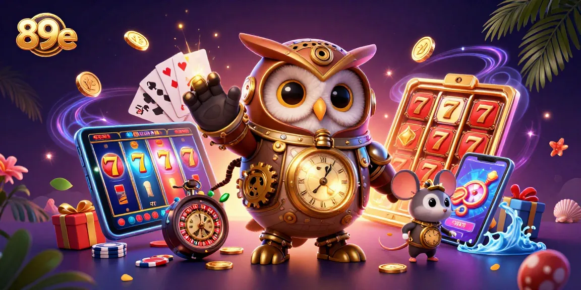 Play slots with 89e's captivating 3D scene featuring a time-traveling owl and vibrant game elements.