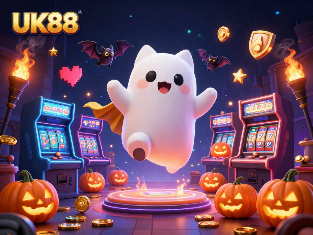 Engage with UK88's vibrant casino games featuring a ghost cat, bat, and glowing jack-o-lanterns.