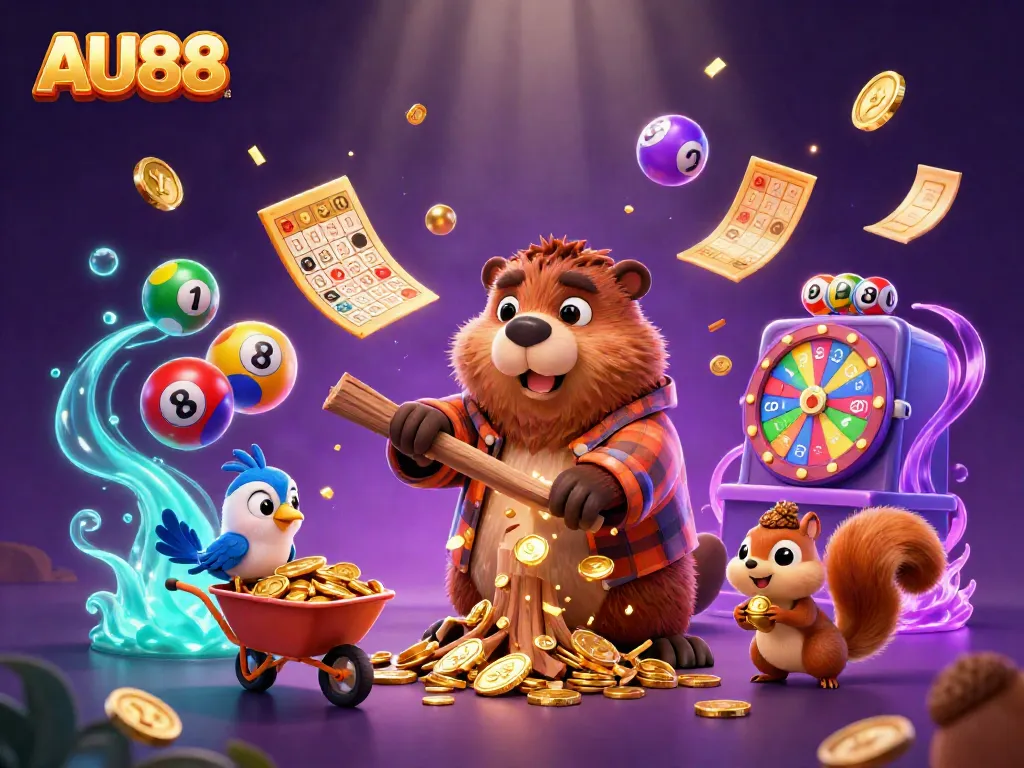 Experience the excitement of AU88 with a dynamic scene of a cartoon beaver, bird, and squirrel amid golden coins and vibrant game elements.