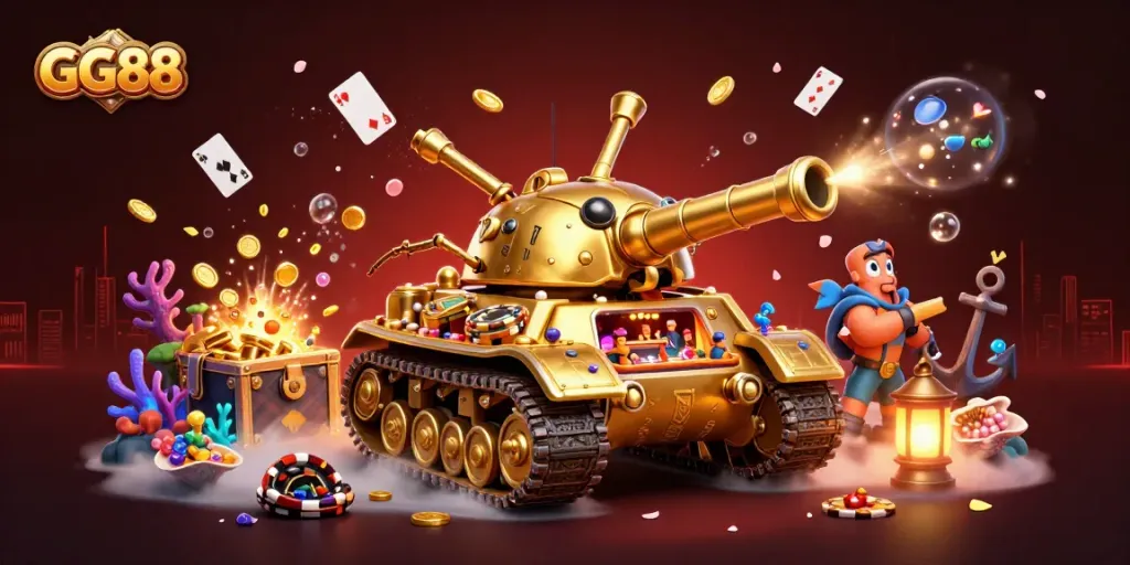 Experience winning with GG88 inside a vibrant 3D casino tank full of colorful treasures.