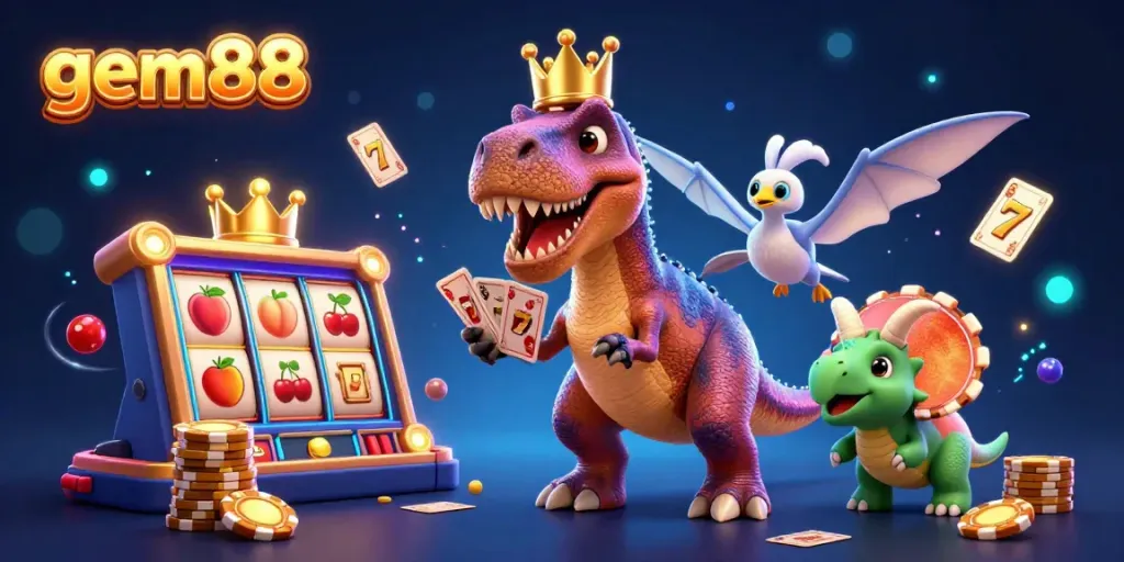 Watch gem88 characters, including a T-Rex and triceratops, engaging in vibrant slot games with rich details and dynamic elements.