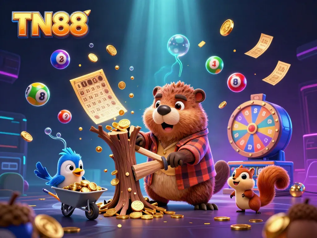 Engage in winning at TN88 with a vibrant casino scene featuring a beaver, bird, and squirrel collecting coins.