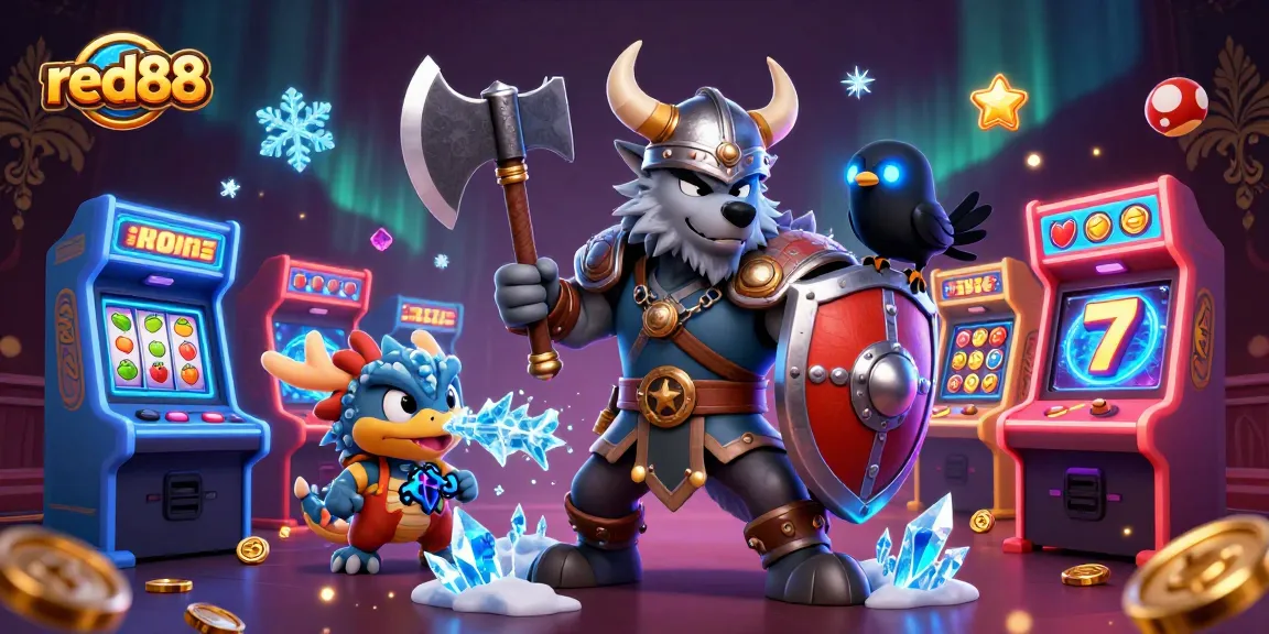 Bet on red88 with a Viking warrior, dragon, and arcade elements in a vibrant scene.