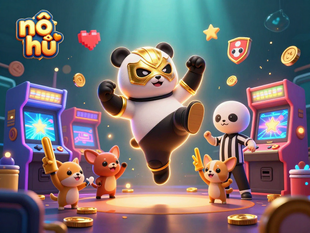 Experience nổ hũ excitement with a panda wrestler kicking off an action-packed gaming scene.