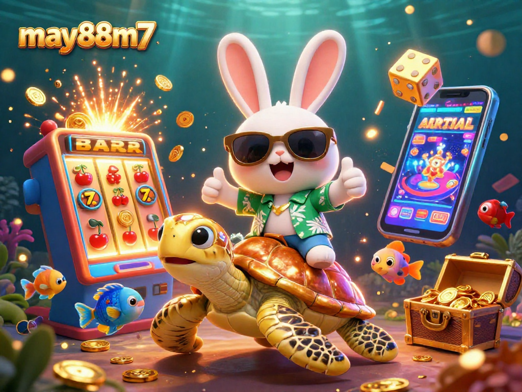 Win big with may88m7 as the lucky rabbit rides a golden turtle amidst casino excitement.