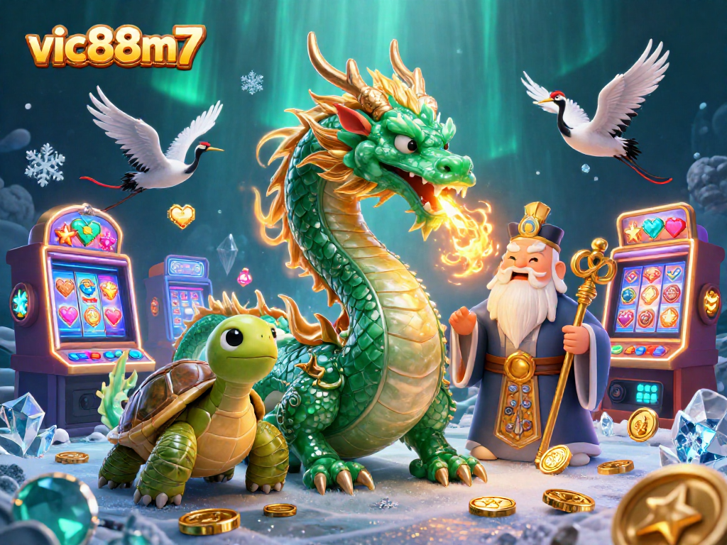 Experience thrilling wins with vic88m7 in this vibrant 3D casino scene featuring a jade dragon.