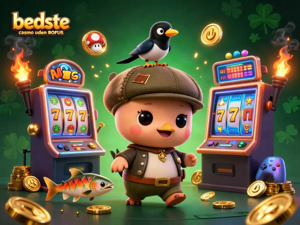 Win big at bedste casino uden ROFUS with playful 3D characters amidst vibrant slot machines.
