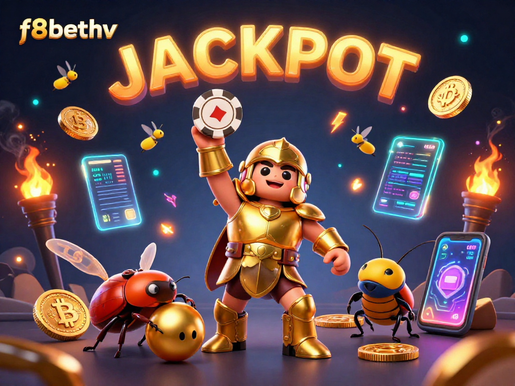 Experience f8bethv's thrilling gaming adventures with a vivid jackpot scene, showcasing an animated beetle and shimmering crypto elements.