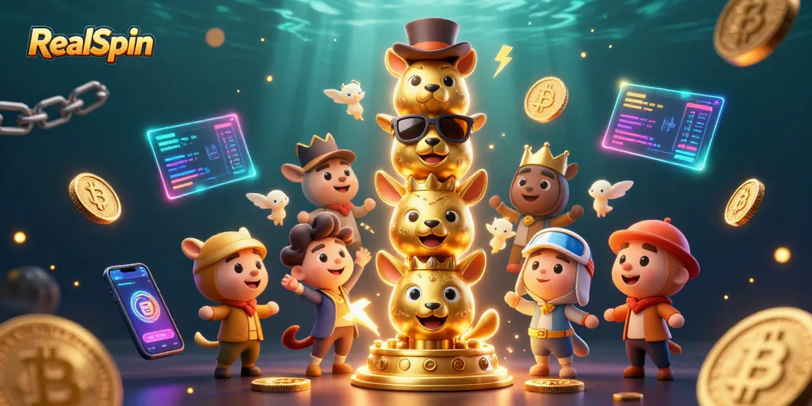 Engage with RealSpin's vibrant casino scene featuring animated elements and crypto coins.