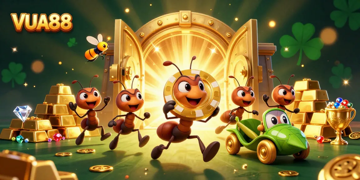 VUA88 showcases ants carrying a large poker chip in a vibrant casino heist scene filled with treasures.