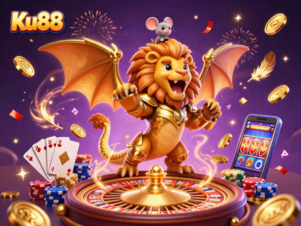Play and win at Ku88 with exciting casino games featuring vibrant 3D characters and stunning golden visuals.