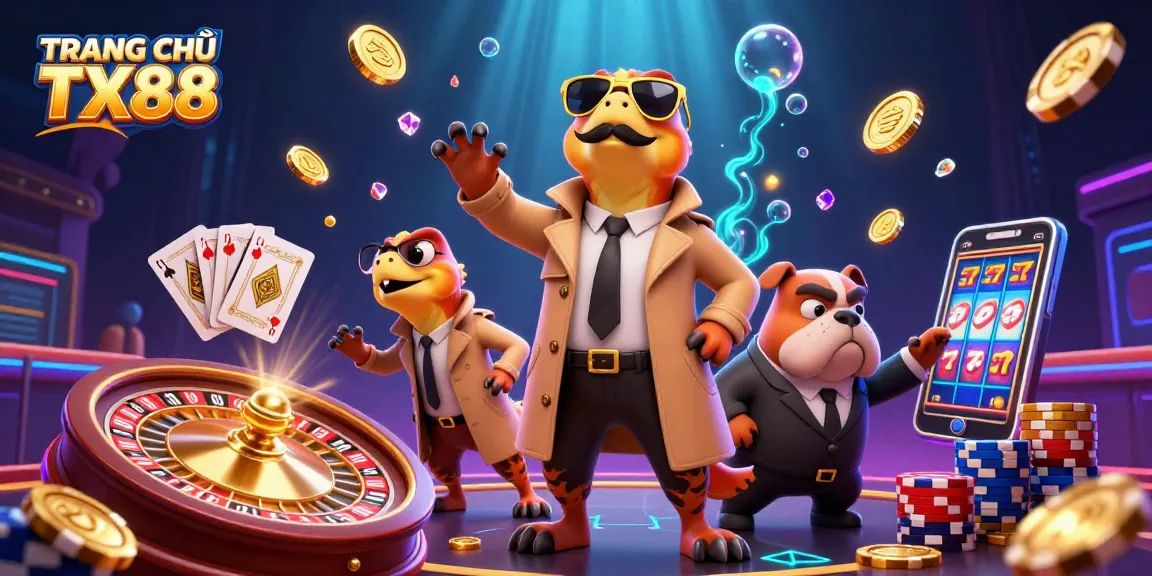 Engage with TRANG CHỦ TX88 as raptors hilariously attempt VIP casino entry amid sparkling gems.