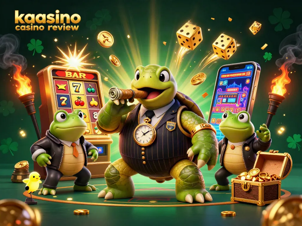 Experience the excitement of kaasino casino review with a vibrant illustration of a turtle mobster amidst a jackpot slot machine burst.