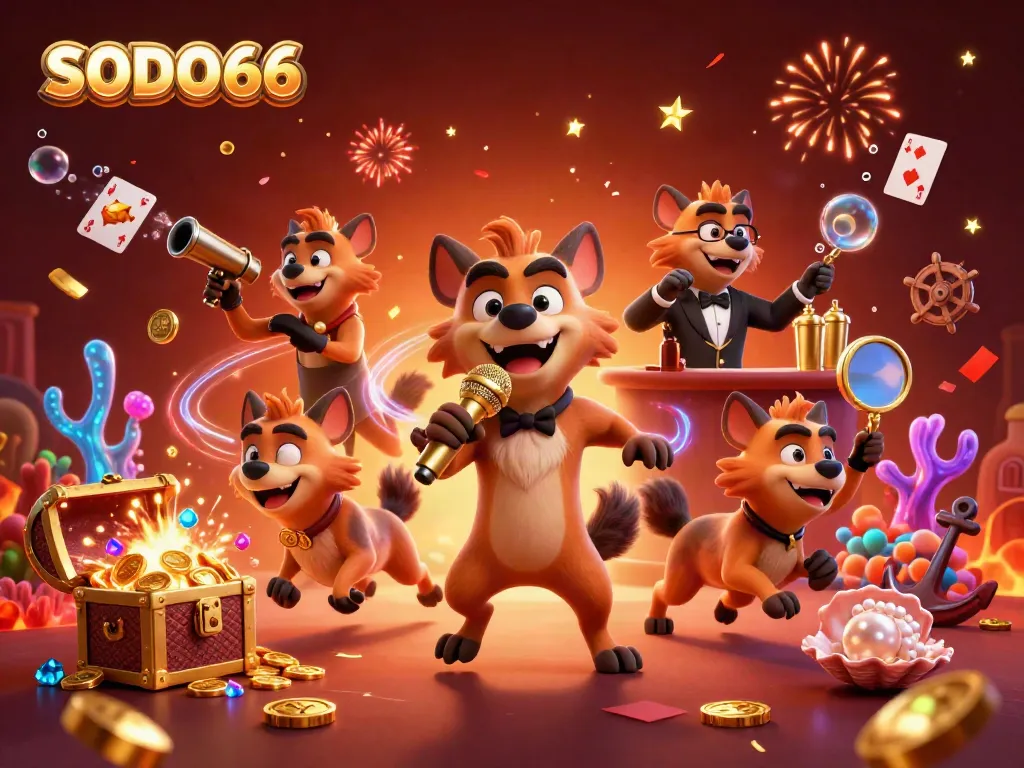 Experience vibrant casino fun with SODO66's cartoon hyenas in a dynamic comedy club scene.