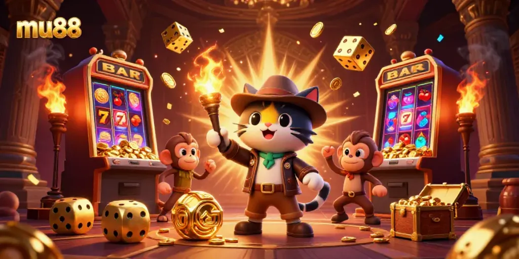 Engage in thrilling casino action with mu88 as a cat explorer and monkey uncover golden artifacts amidst jackpot excitement.
